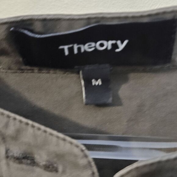 Theory Button Short Sleeve Shirt Stretch Dress with Chest Pockets Womens Army Gr - Picture 2 of 3